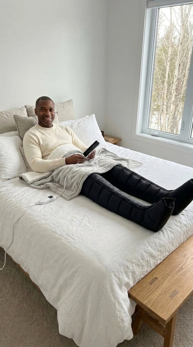 Homme au lit avec les bottes de pressothérapie et le plaid chauffant gris