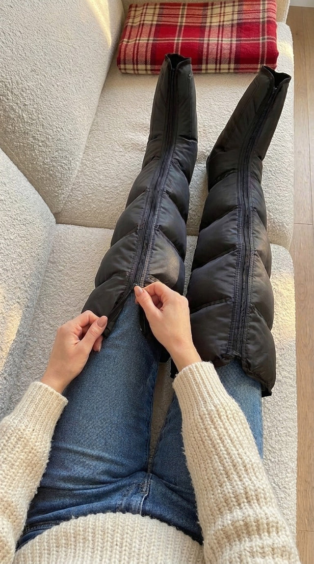 Femme qui ferme les bottes de pressothérapie sur un canapé blanc