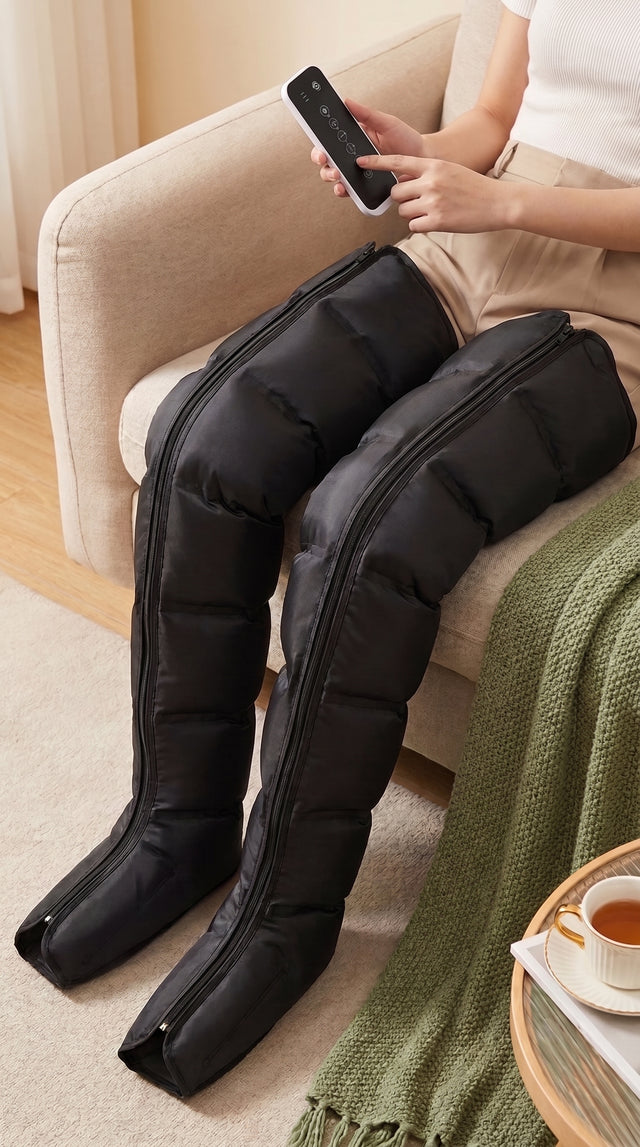 Main qui règle les bottes de pressothérapie avec la télécommande, assise sur un canapé