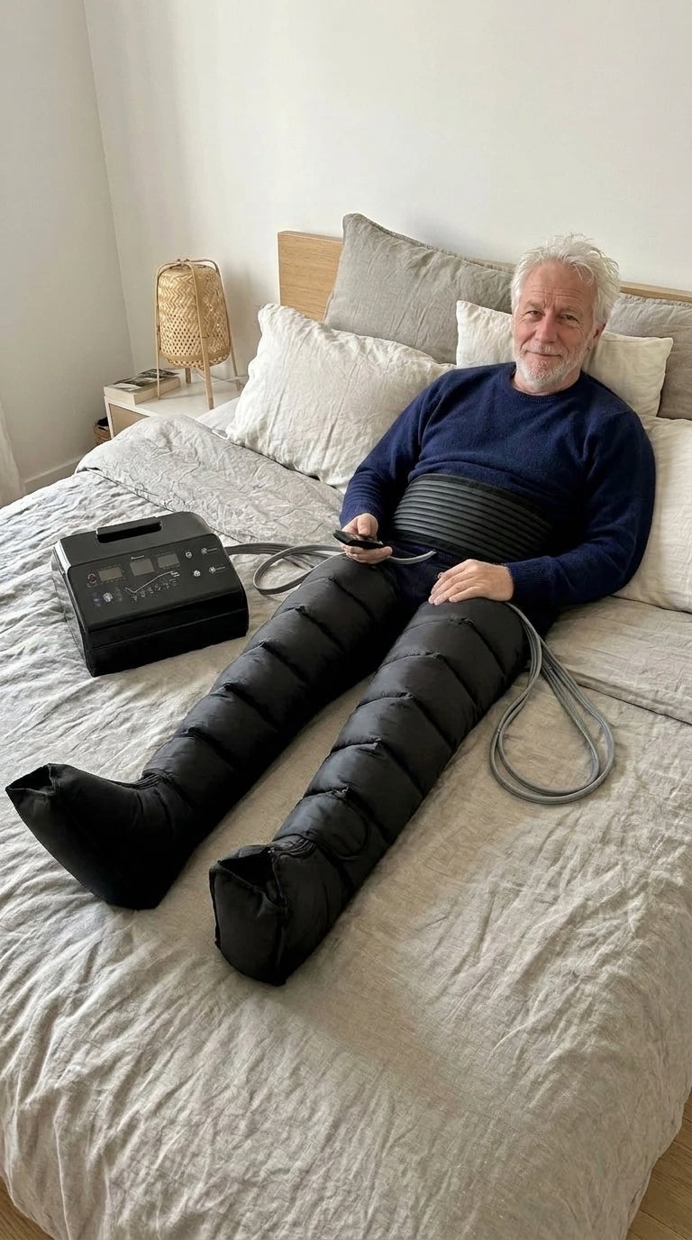 Homme allongé sur son lit avec le kit de pressothérapie Ultra