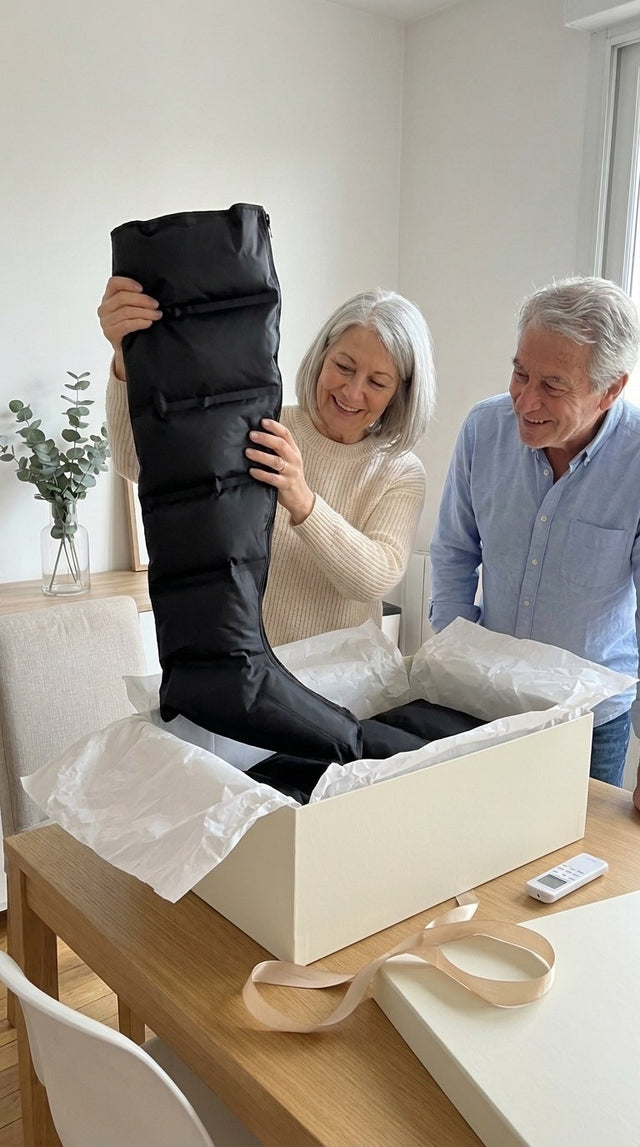 Un couple de seniors ouvre le coffret des bottes de pressothérapie