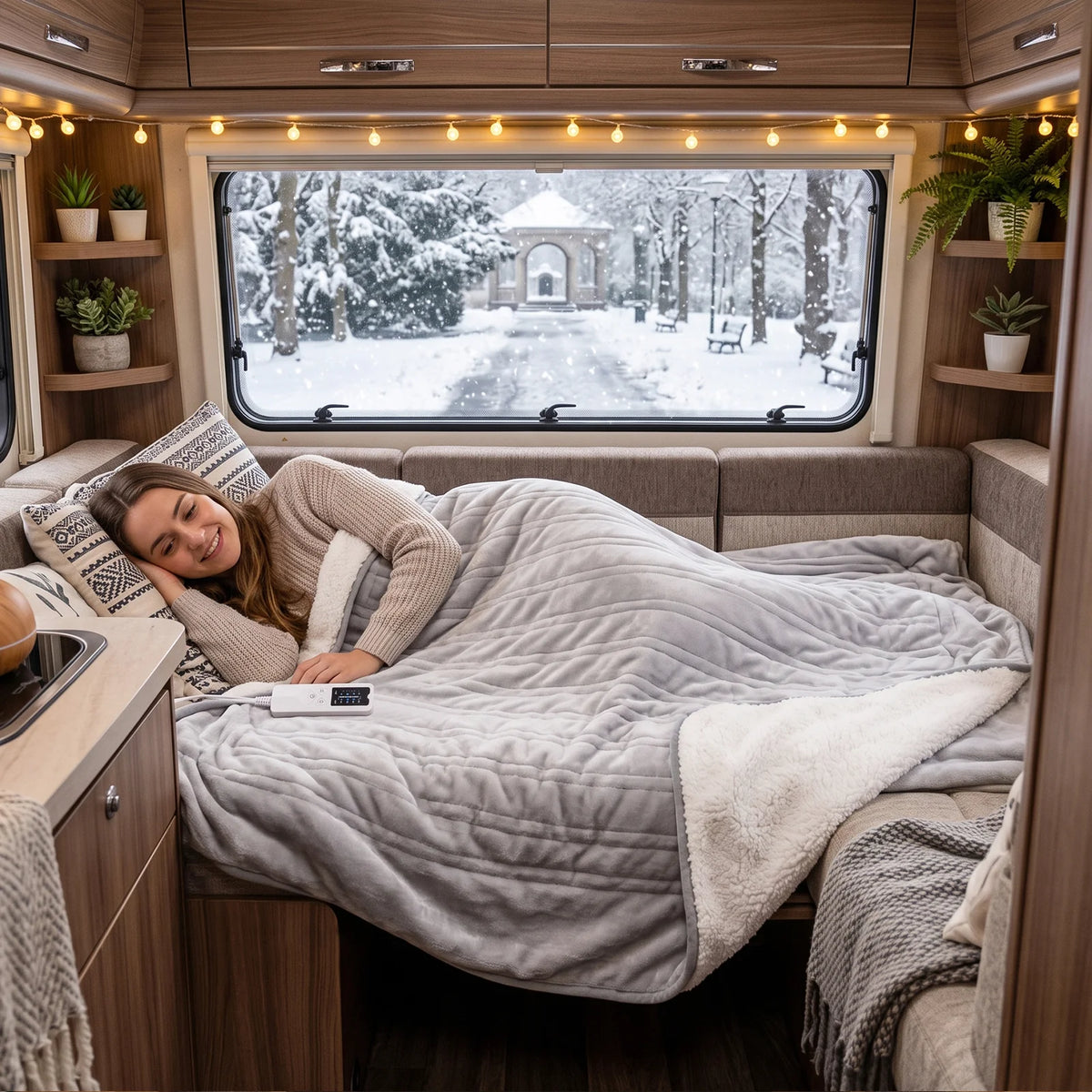 Jeune femme qui se repose sous le plaid chauffant gris, en hiver