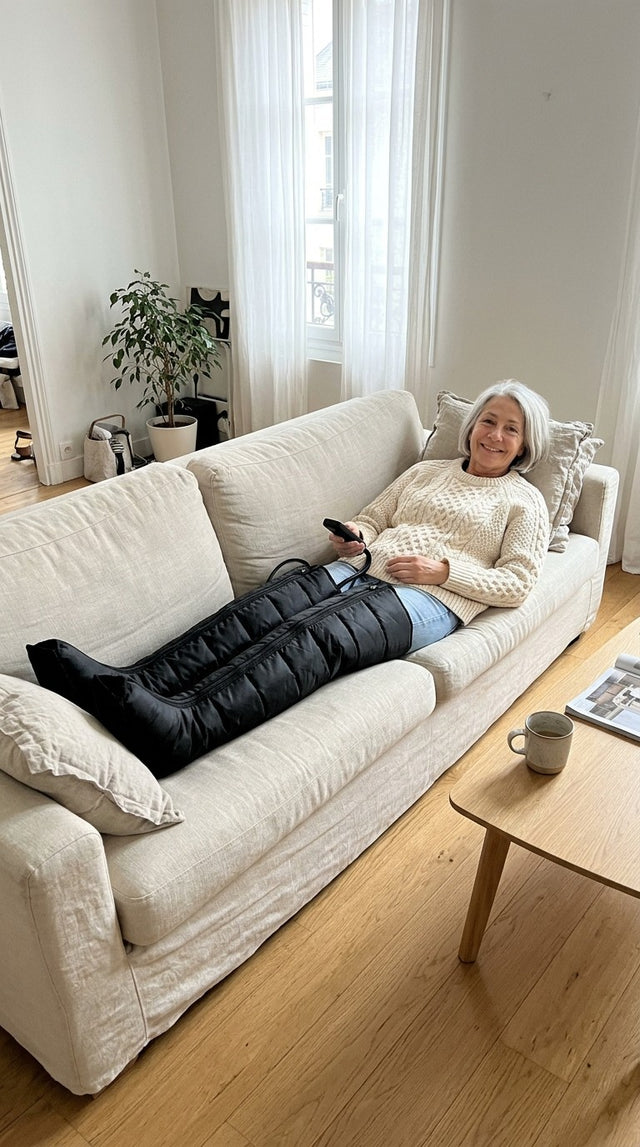 Femme allongée sur un canapé en lin avec les bottes de pressothérapie