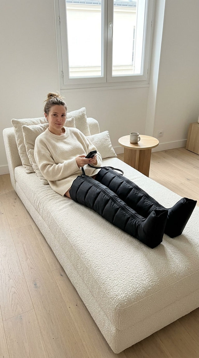 Jeune femme allongée sur une méridienne avec les bottes de pressothérapie