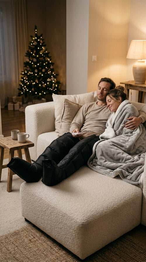 Un couple sur le canapé à Noël : lui avec les bottes de pressothérapie, elle sous le plaid chauffant gris