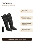 Caractéristiques des bottes de pressothérapie : des pieds aux cuisses, coussins d'air, plusieurs modes, télécommande
