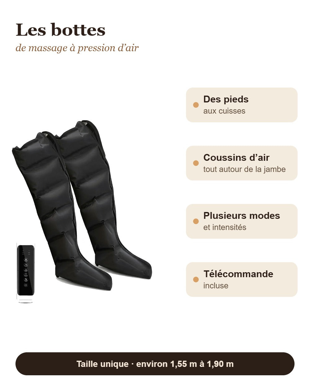 Caractéristiques des bottes de pressothérapie : des pieds aux cuisses, coussins d'air, plusieurs modes, télécommande