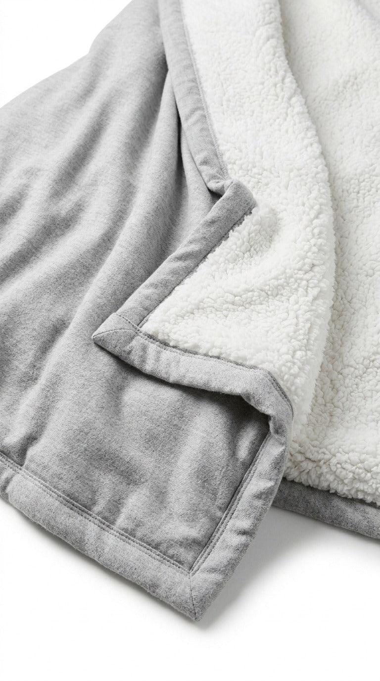 Matière du plaid : flanelle grise douce et sherpa blanc