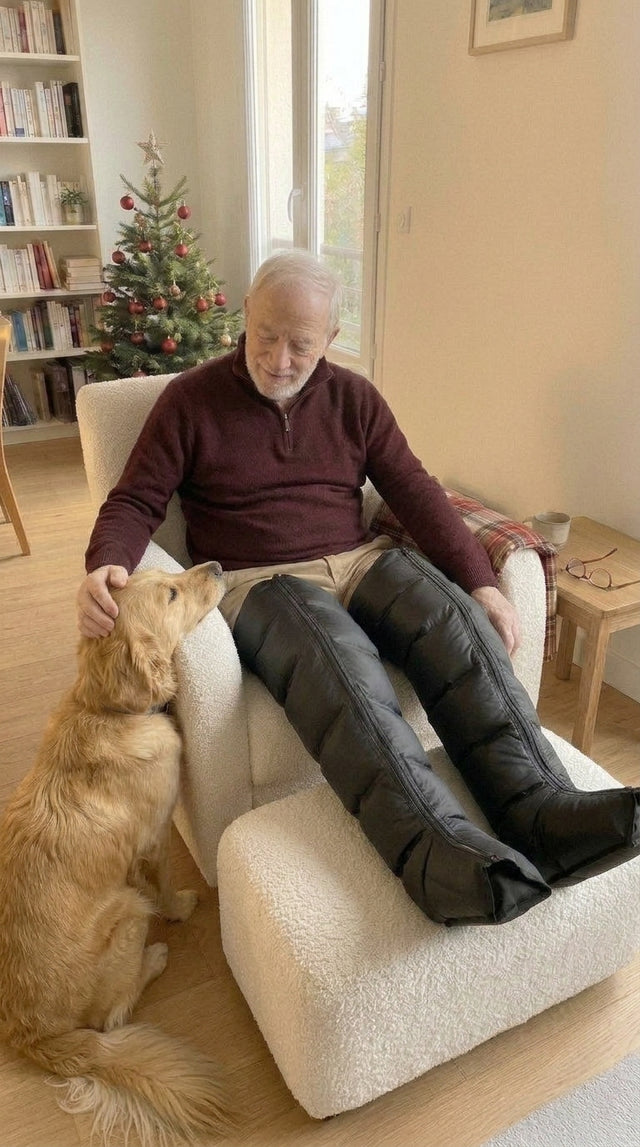 Monsieur dans son fauteuil, les jambes tendues sur un pouf avec les bottes de pressothérapie, il caresse son chien