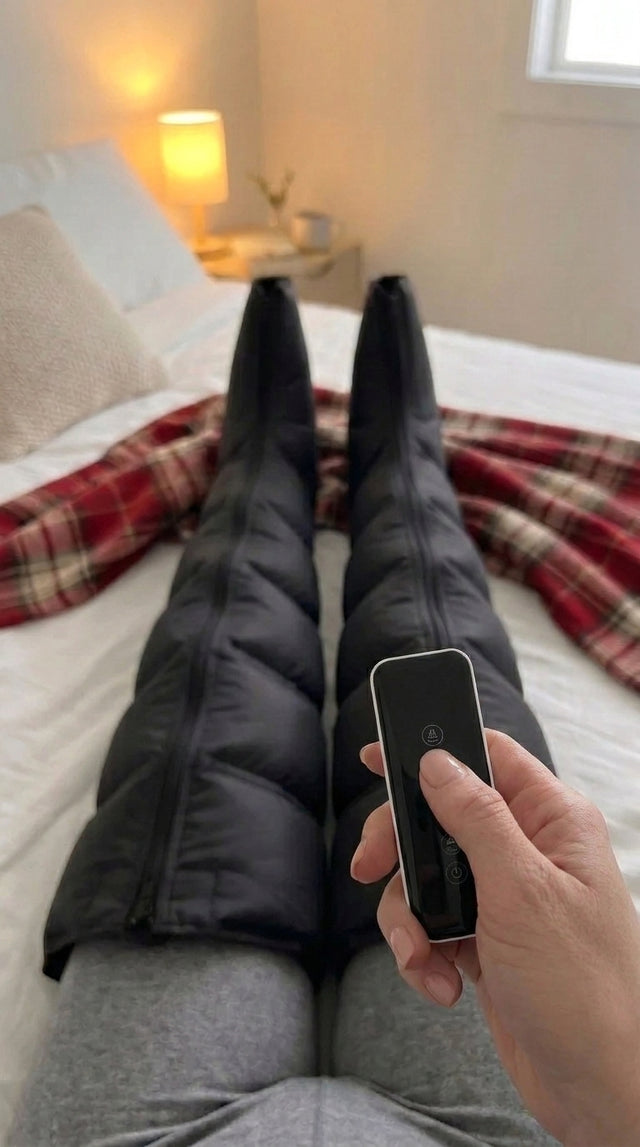 Télécommande des bottes de pressothérapie en main, au lit