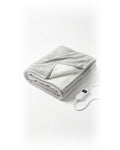 Plaid chauffant gris en flanelle et sherpa avec sa télécommande, sur fond blanc