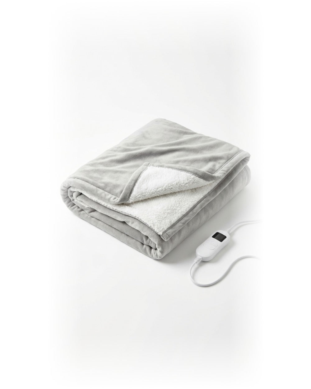 Plaid chauffant gris en flanelle et sherpa avec sa télécommande, sur fond blanc