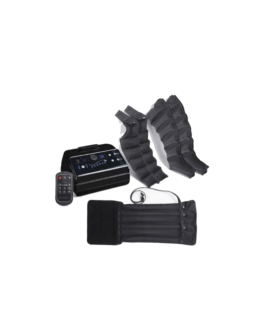 Kit de pressothérapie Ultra : boîtier à écran, télécommande, manchons et ceinture, sur fond blanc