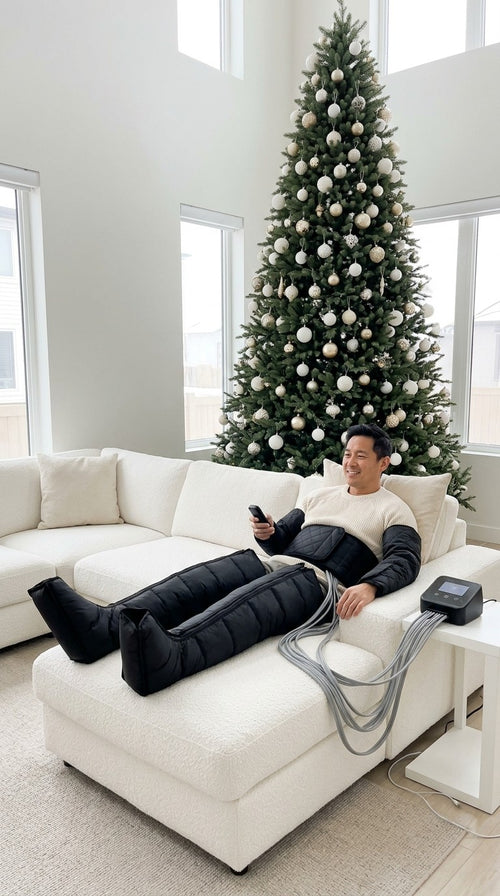 Homme détendu sur un canapé blanc avec le kit de pressothérapie Ultra : bottes, manchons et ceinture