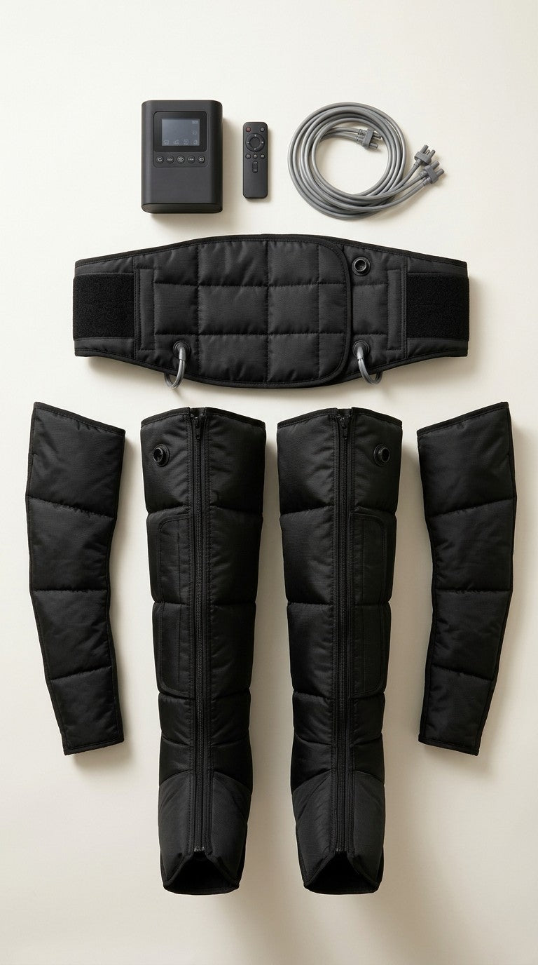 Contenu du kit Ultra : bottes longues, manchons pour les bras, ceinture, boîtier et télécommande