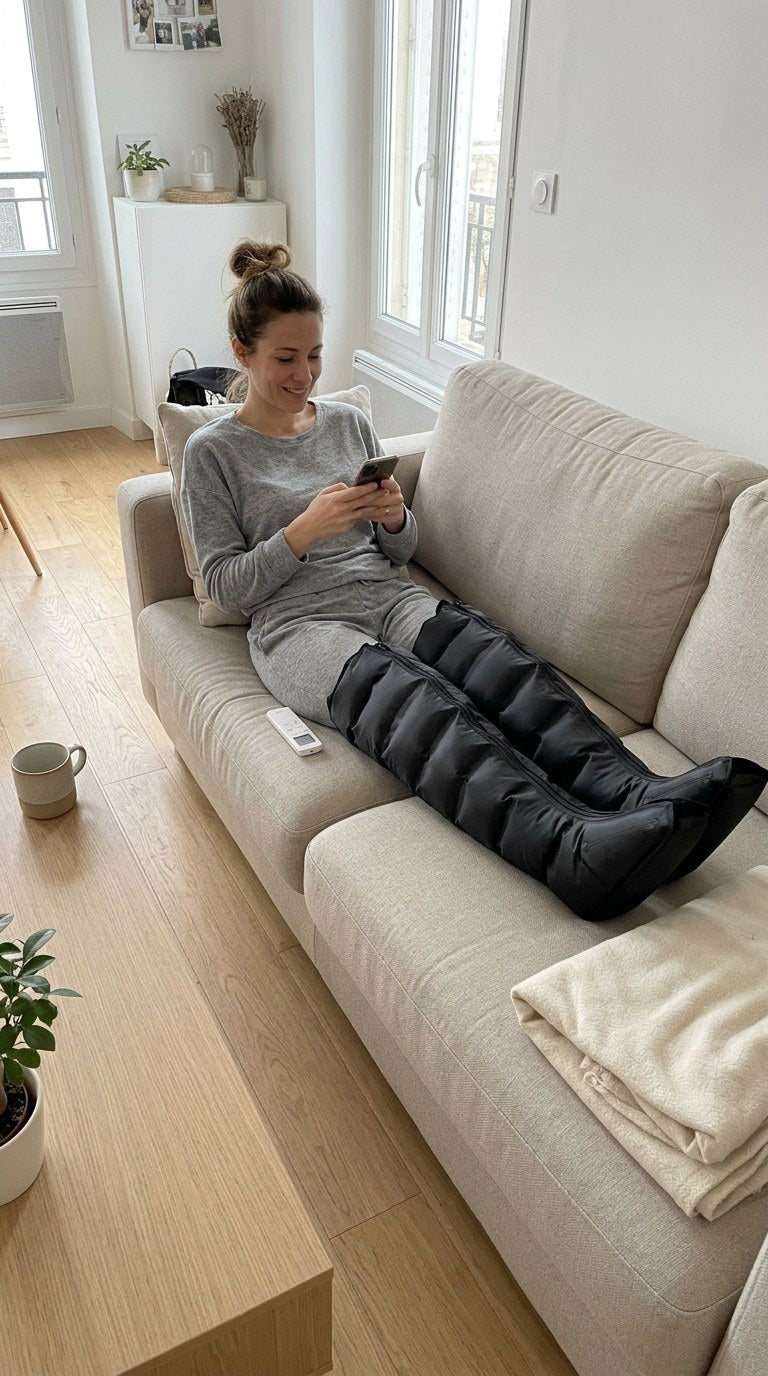 Une femme se détend sur le canapé avec les bottes de massage