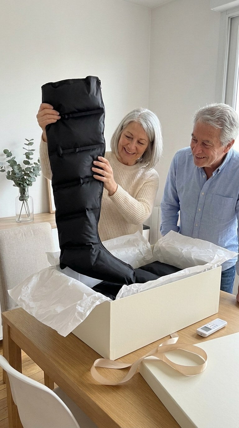 Un couple de seniors ouvre le coffret des bottes de pressothérapie